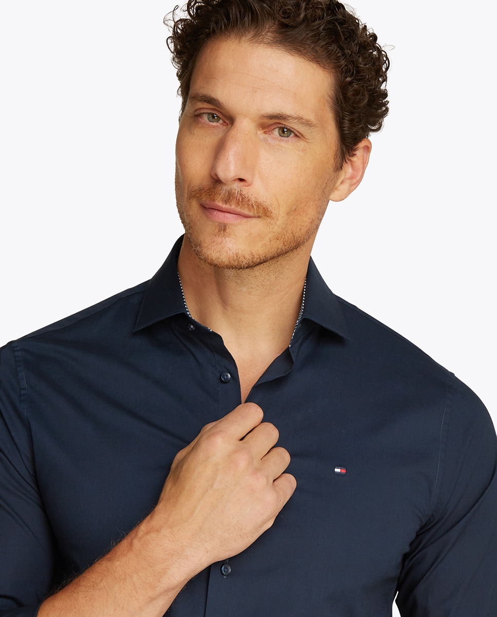 Camisa Lisa Elaborada em Mistura de Algodão e Elastano Azul-3