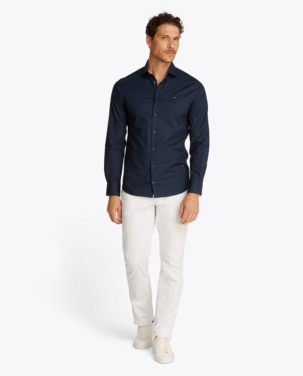 Camisa Lisa Elaborada em Mistura de Algodão e Elastano Azul-4