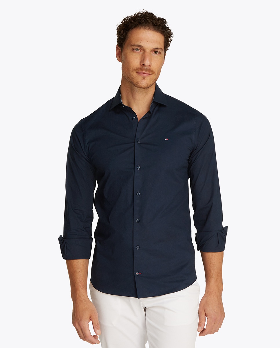 Camisa Lisa Elaborada em Mistura de Algodão e Elastano Azul-1