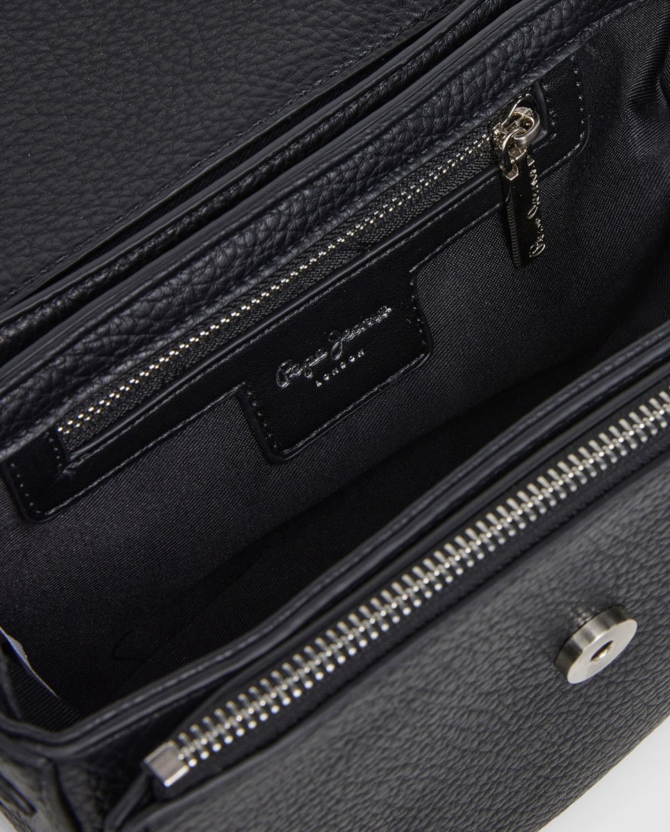 Mala a Tiracolo Amber Script com Aba, Logótipo Tipo Assinatura e Detalhe de Nós Laterais Preto-5