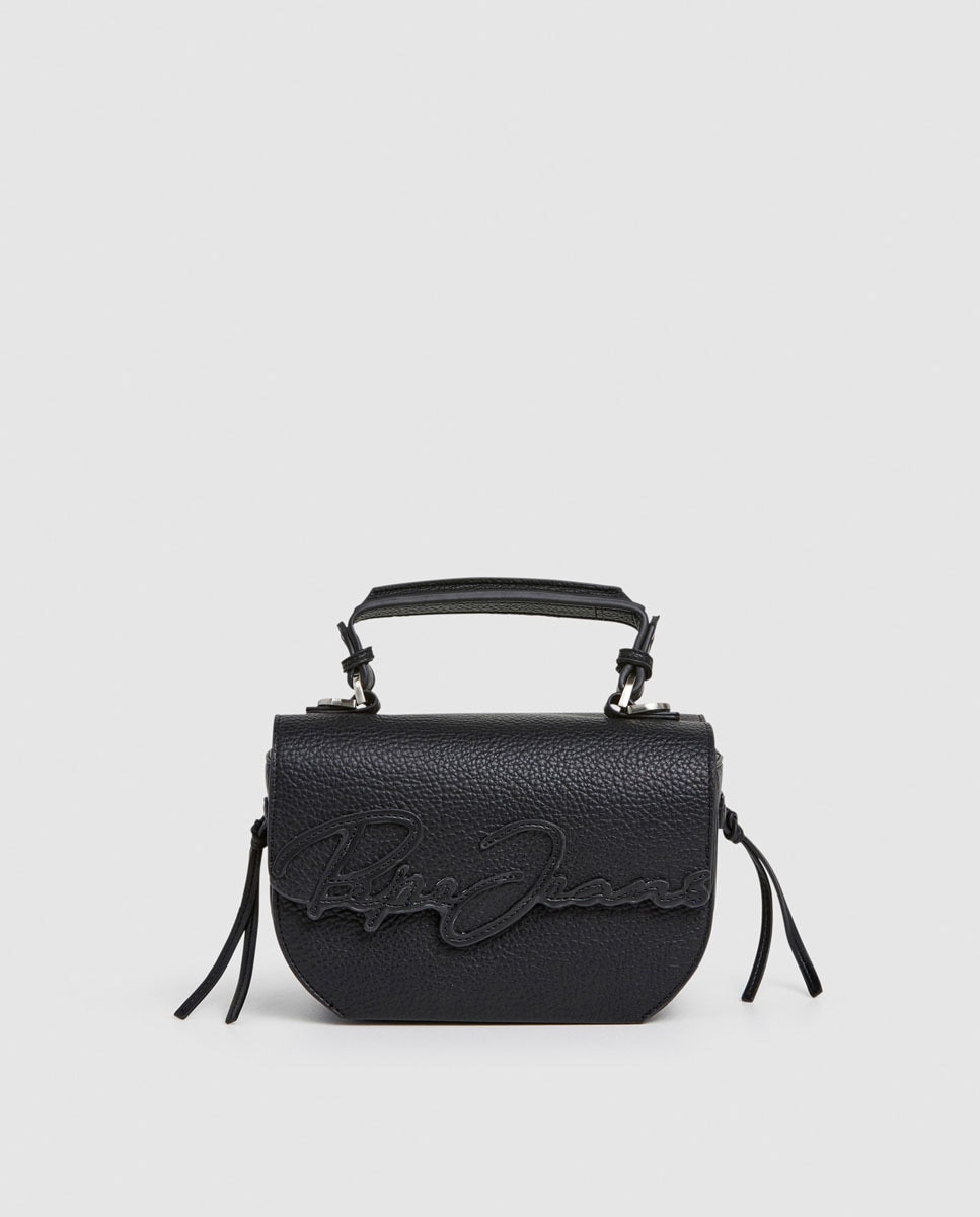 Mala a Tiracolo Amber Script com Aba, Logótipo Tipo Assinatura e Detalhe de Nós Laterais Preto-1