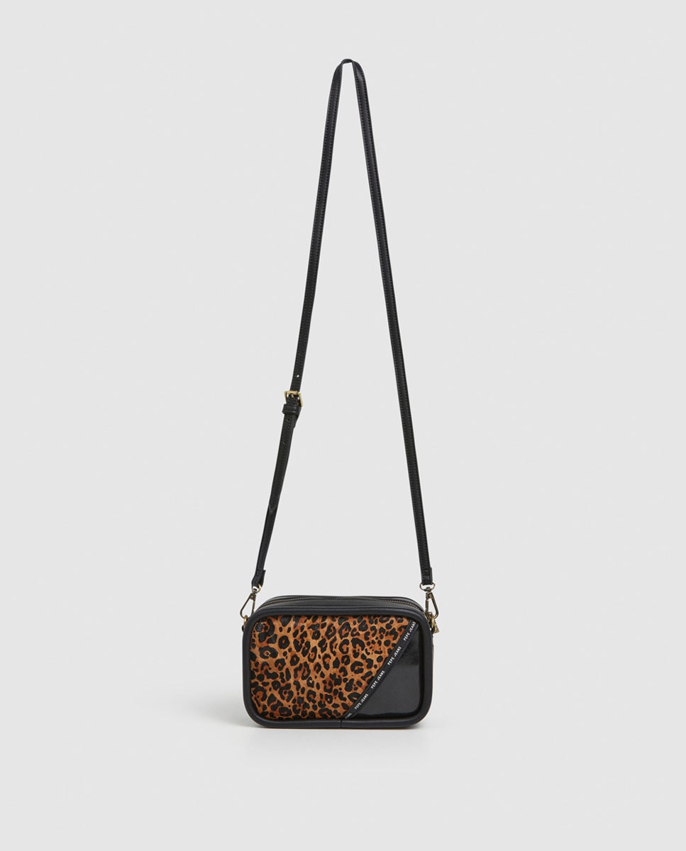 Mala Tipo Camera Bag Keyra Leo com Combinação à Frente de Animal Print, Tom Uniforme e Logótipo Preto-2