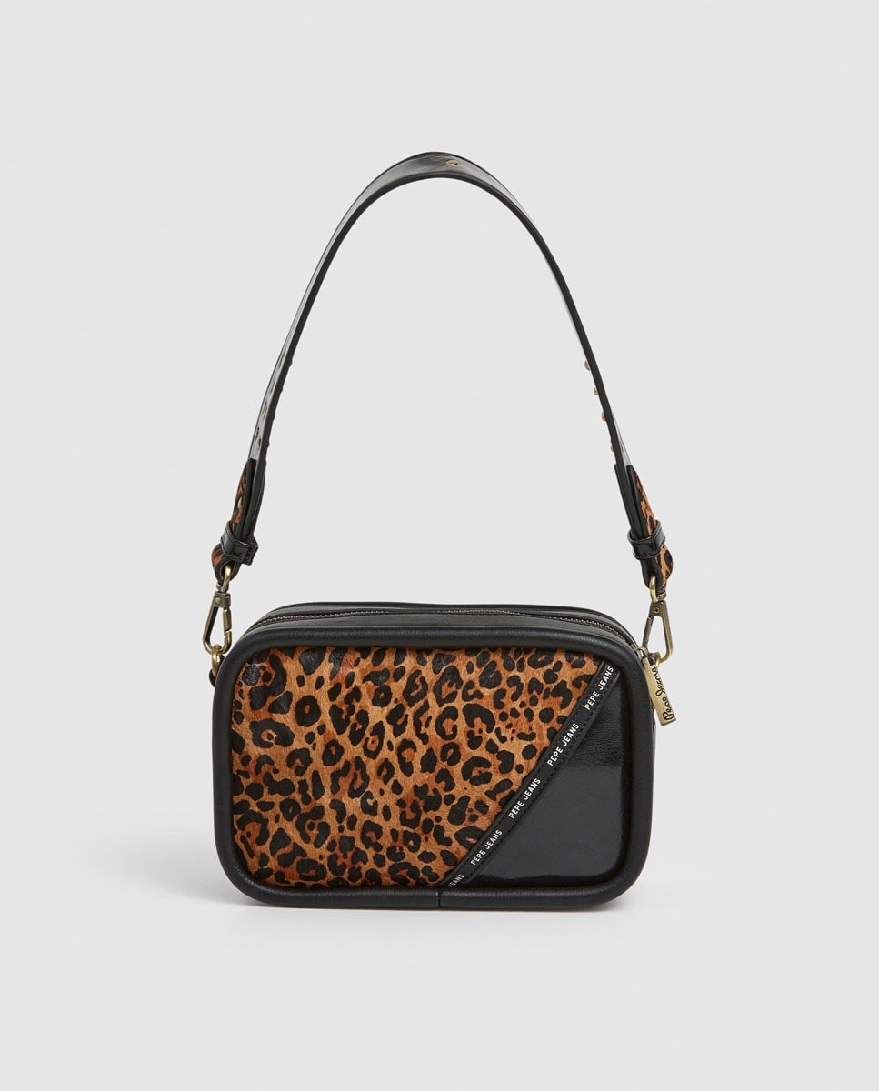 Mala Tipo Camera Bag Keyra Leo com Combinação à Frente de Animal Print, Tom Uniforme e Logótipo Preto-1