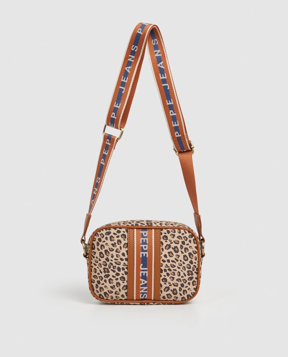 Mala Tipo Camera Bag Gerda em Animal Print com Fita com Logótipo Bege-2