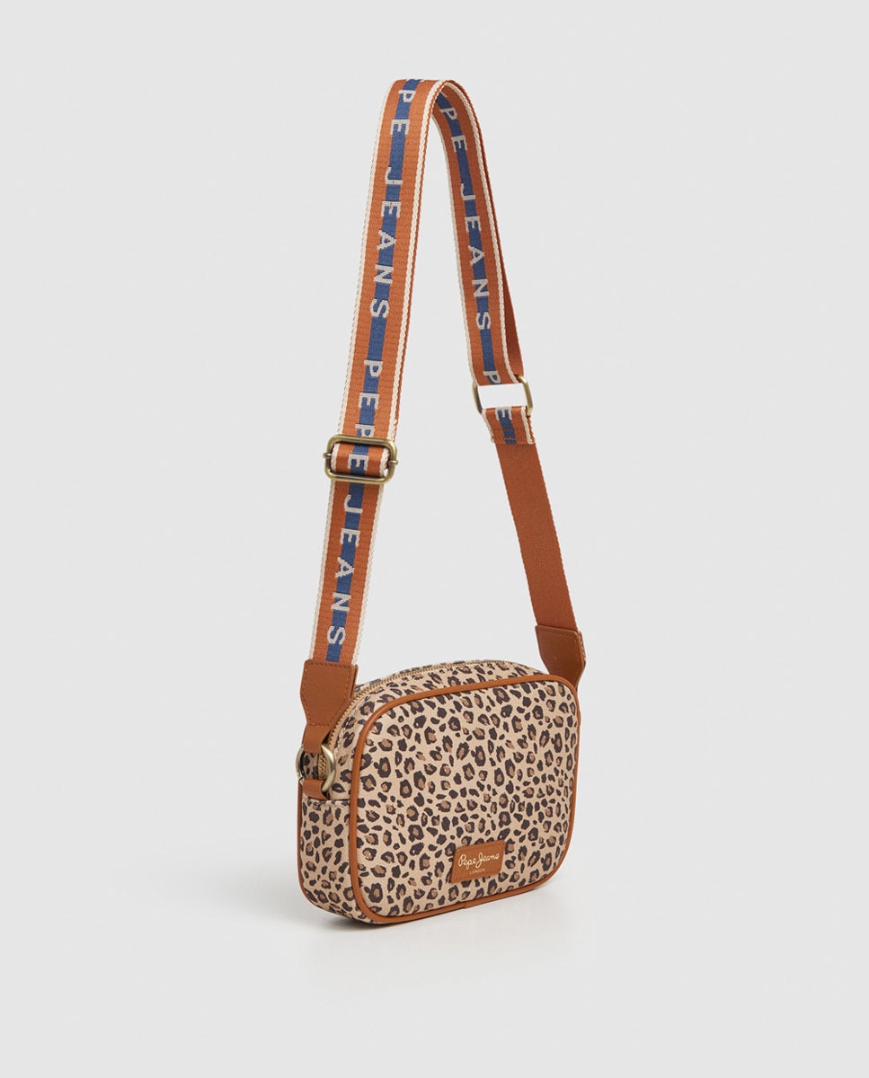 Mala Tipo Camera Bag Gerda em Animal Print com Fita com Logótipo Bege-3