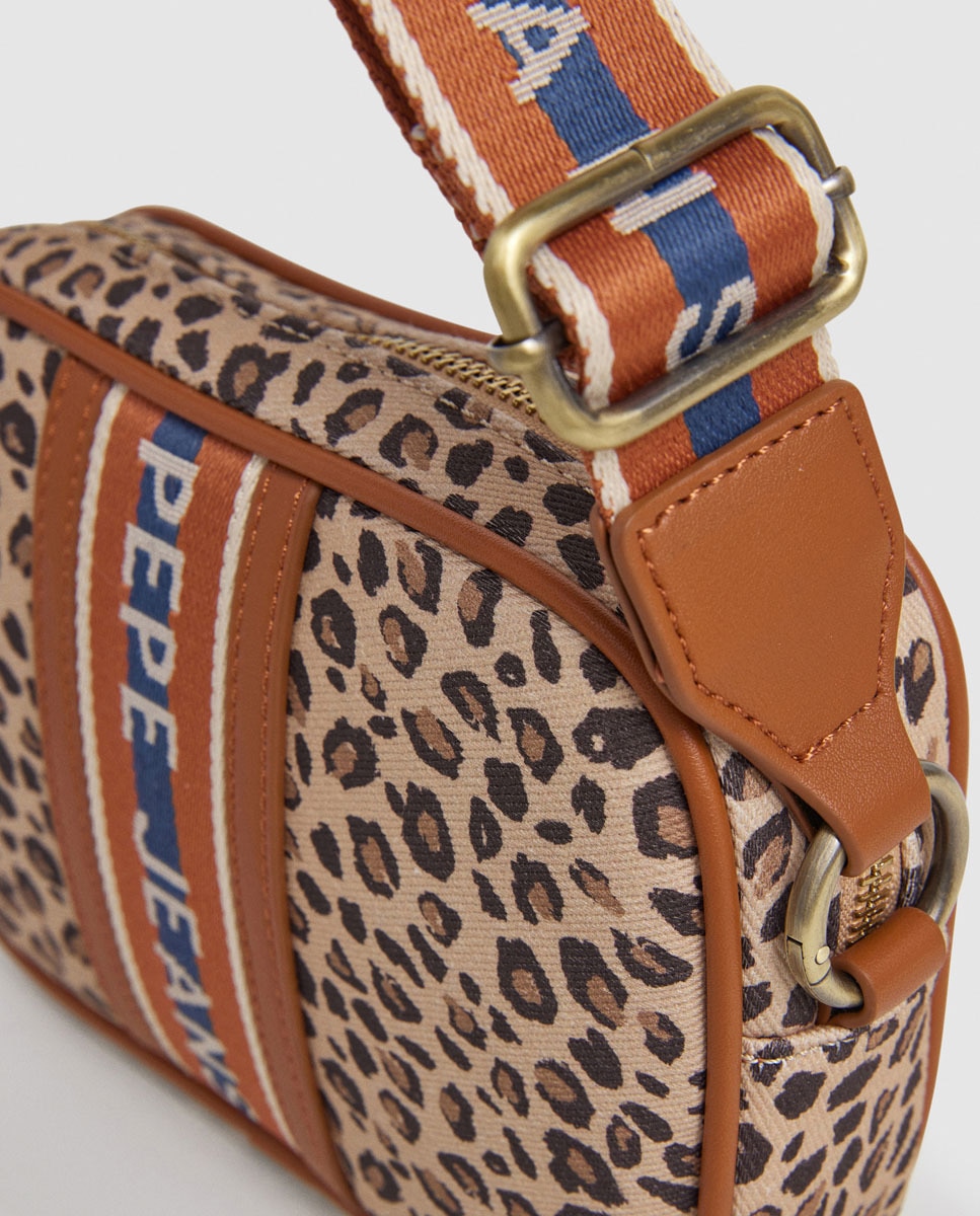 Mala Tipo Camera Bag Gerda em Animal Print com Fita com Logótipo Bege-4