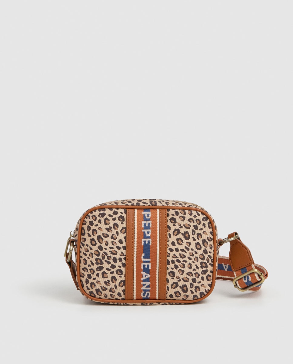 Mala Tipo Camera Bag Gerda em Animal Print com Fita com Logótipo Bege-1