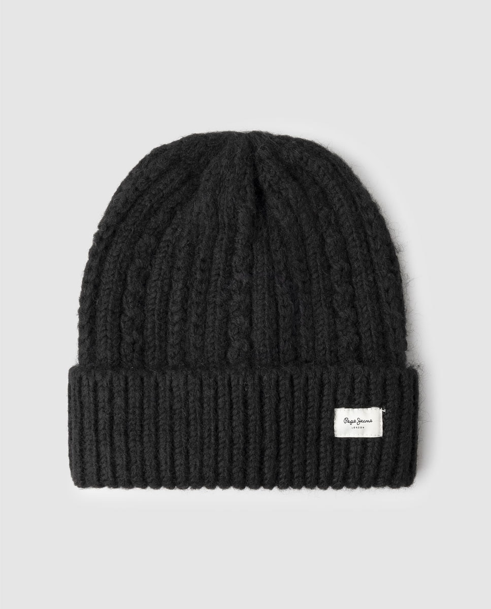 Gorro de Malha com Padrão Espinha de Peixe Preto-1