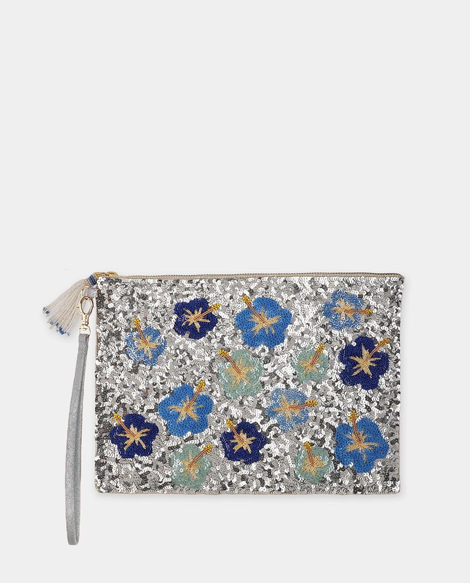 Pouch grande bordado a mano con lentejuelas y abalorios de OLIVIA DAR - Azul Azul-1