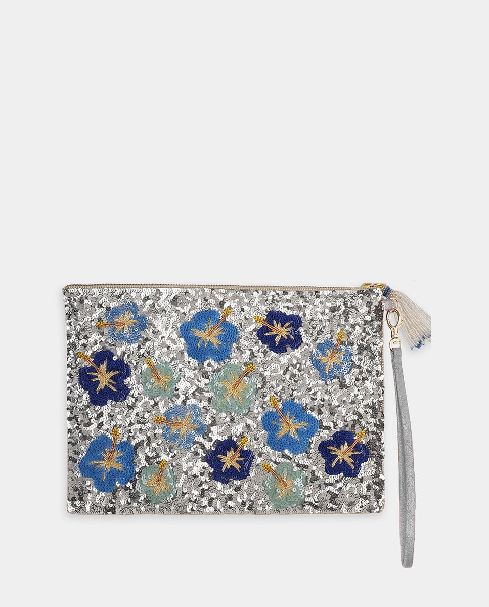 Pouch grande bordado a mano con lentejuelas y abalorios de OLIVIA DAR - Azul Azul-2
