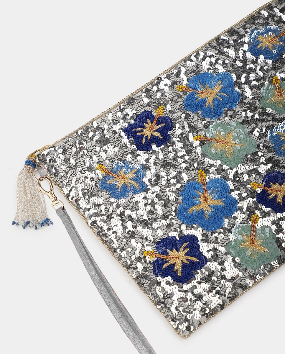 Pouch grande bordado a mano con lentejuelas y abalorios de OLIVIA DAR - Azul Azul-3