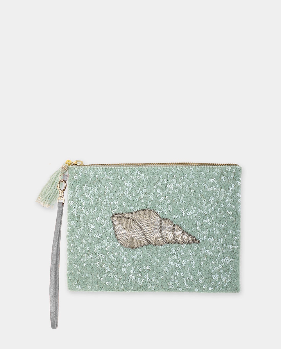 Pouch bordado a mano con lentejuelas y abalorios de OLIVIA DAR - Verde Agua Verde Agua-1