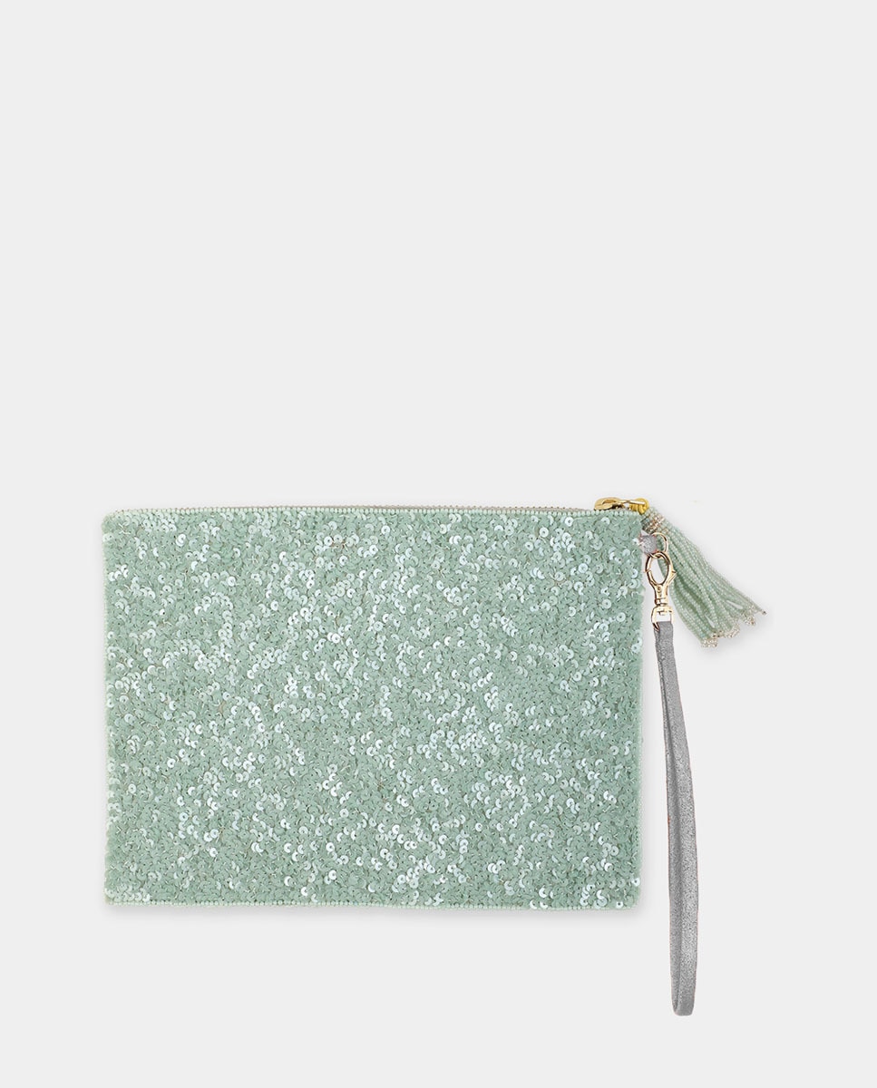 Pouch bordado a mano con lentejuelas y abalorios de OLIVIA DAR - Verde Agua Verde Agua-2