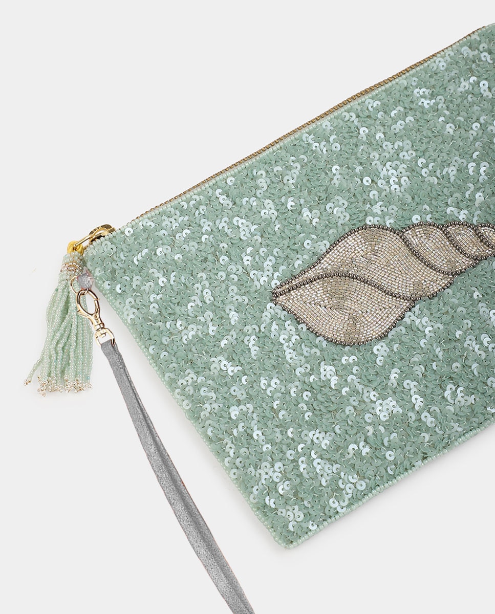 Pouch bordado a mano con lentejuelas y abalorios de OLIVIA DAR - Verde Agua Verde Agua-3