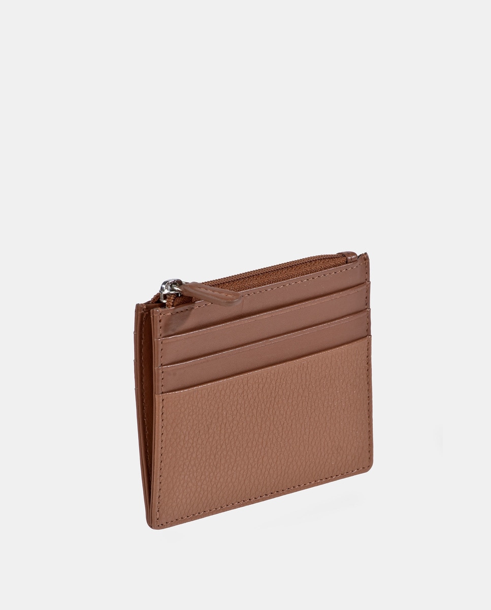 Porta-Cartões Raso em Pele Combinada Castanho-claro-2