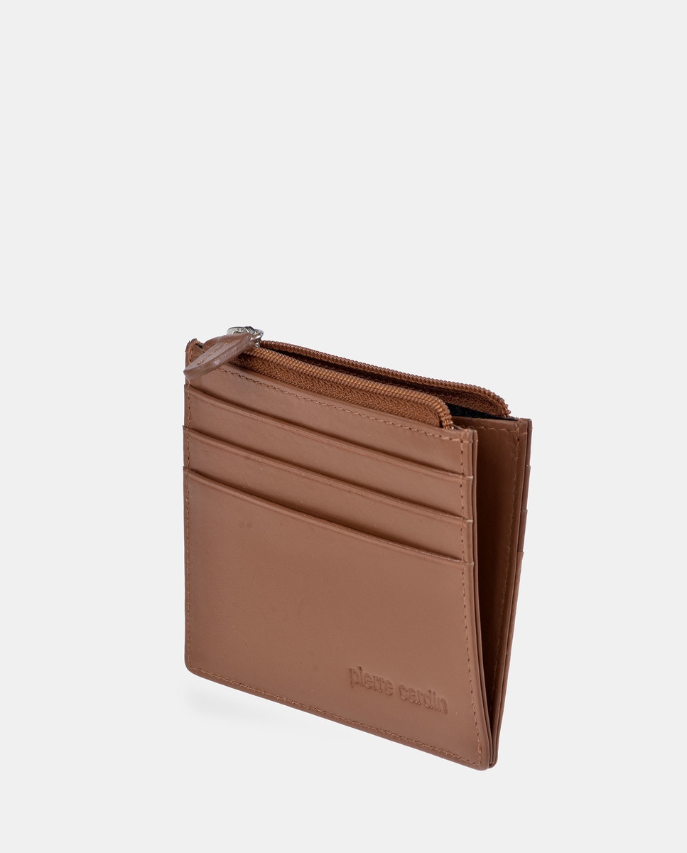 Porta-Cartões Raso em Pele Combinada Castanho-claro-3