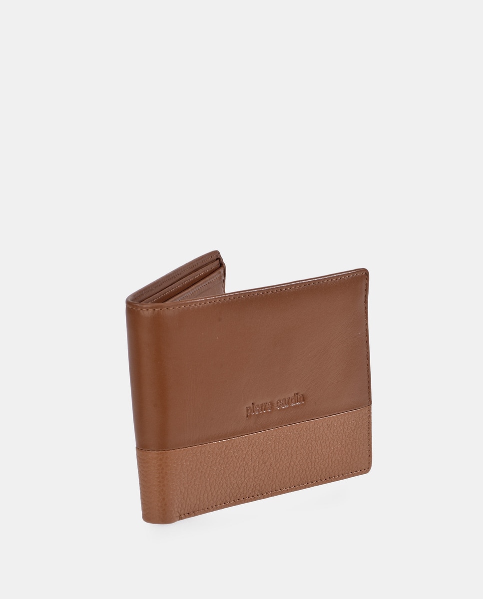 Carteira Tipo Americano em Pele Combinada com Porta-Moedas Castanho-claro-2