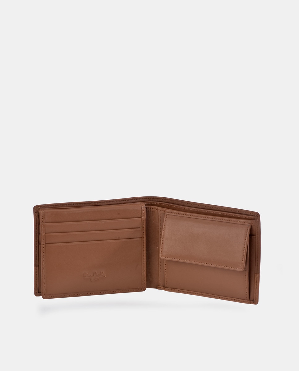 Carteira Tipo Americano em Pele Combinada com Porta-Moedas Castanho-claro-3