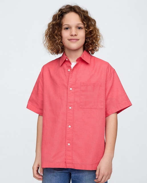 Imagen 0 de Camisa suave de mezcla de lino y algodón con cuello de punta y manga corta de niño