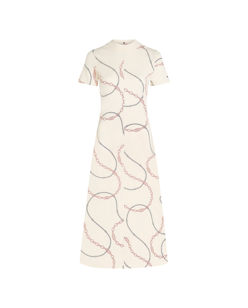 Vestido Midi Estampado com Manga Curta Branco-1