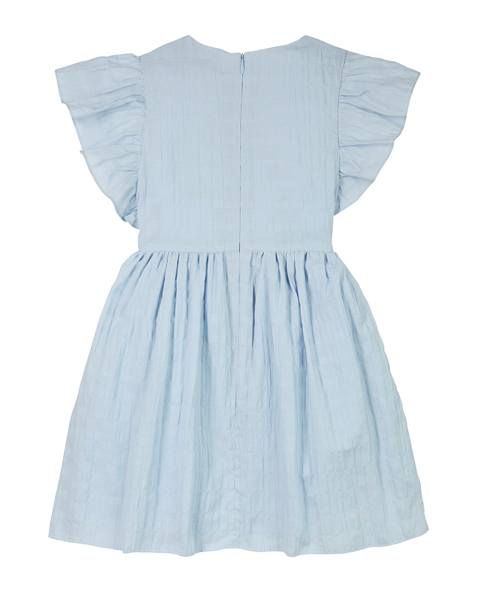 Vestido de Manga Curta com Efeito de Textura e Folhos Azul-6