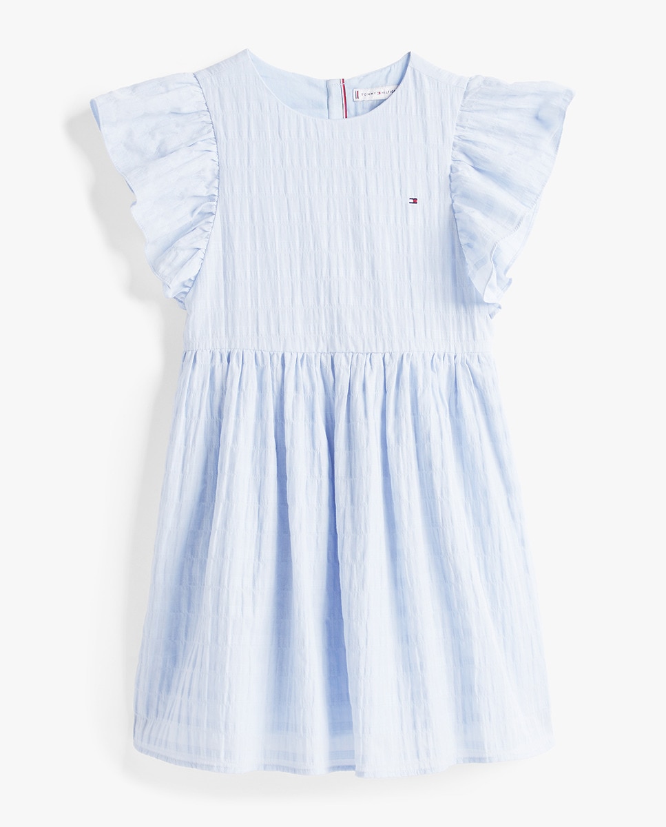 Vestido de Manga Curta com Efeito de Textura e Folhos Azul-5