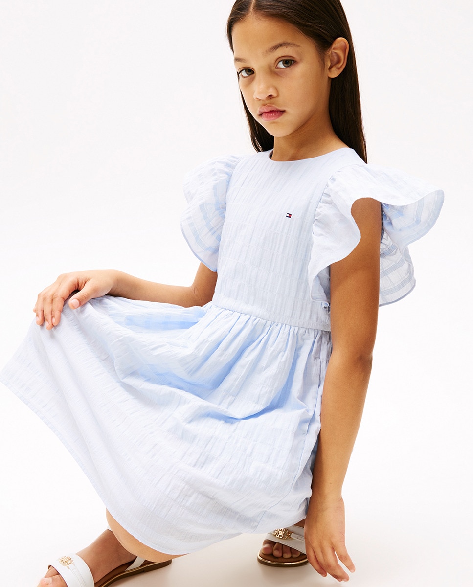 Vestido de Manga Curta com Efeito de Textura e Folhos Azul-3