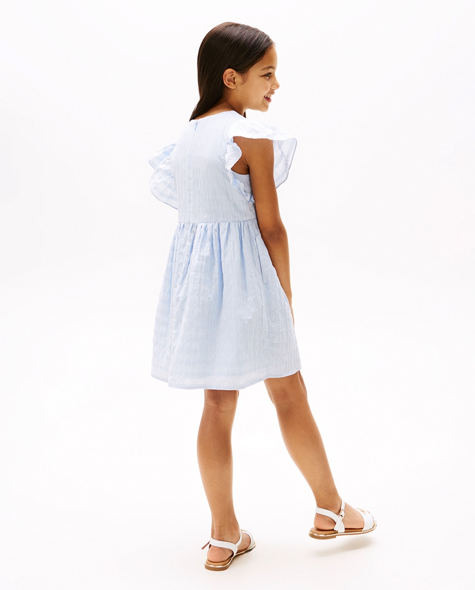 Vestido de Manga Curta com Efeito de Textura e Folhos Azul-2