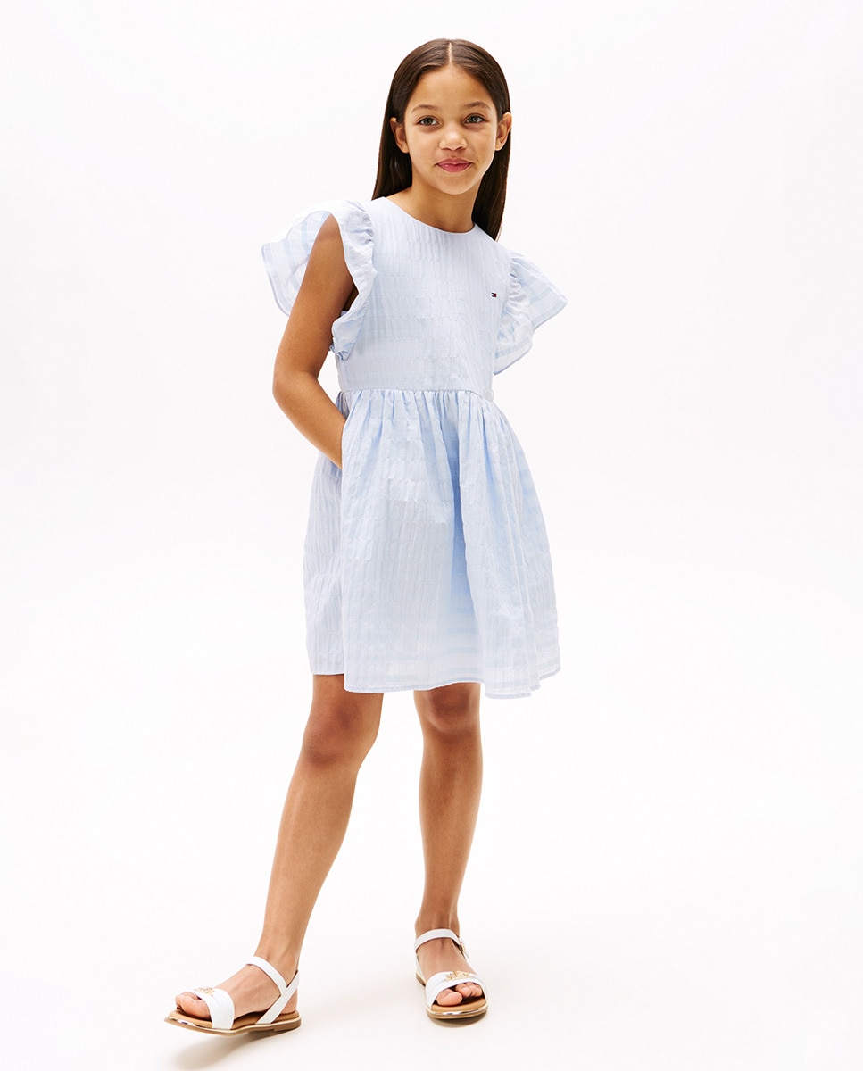 Vestido de Manga Curta com Efeito de Textura e Folhos Azul-1