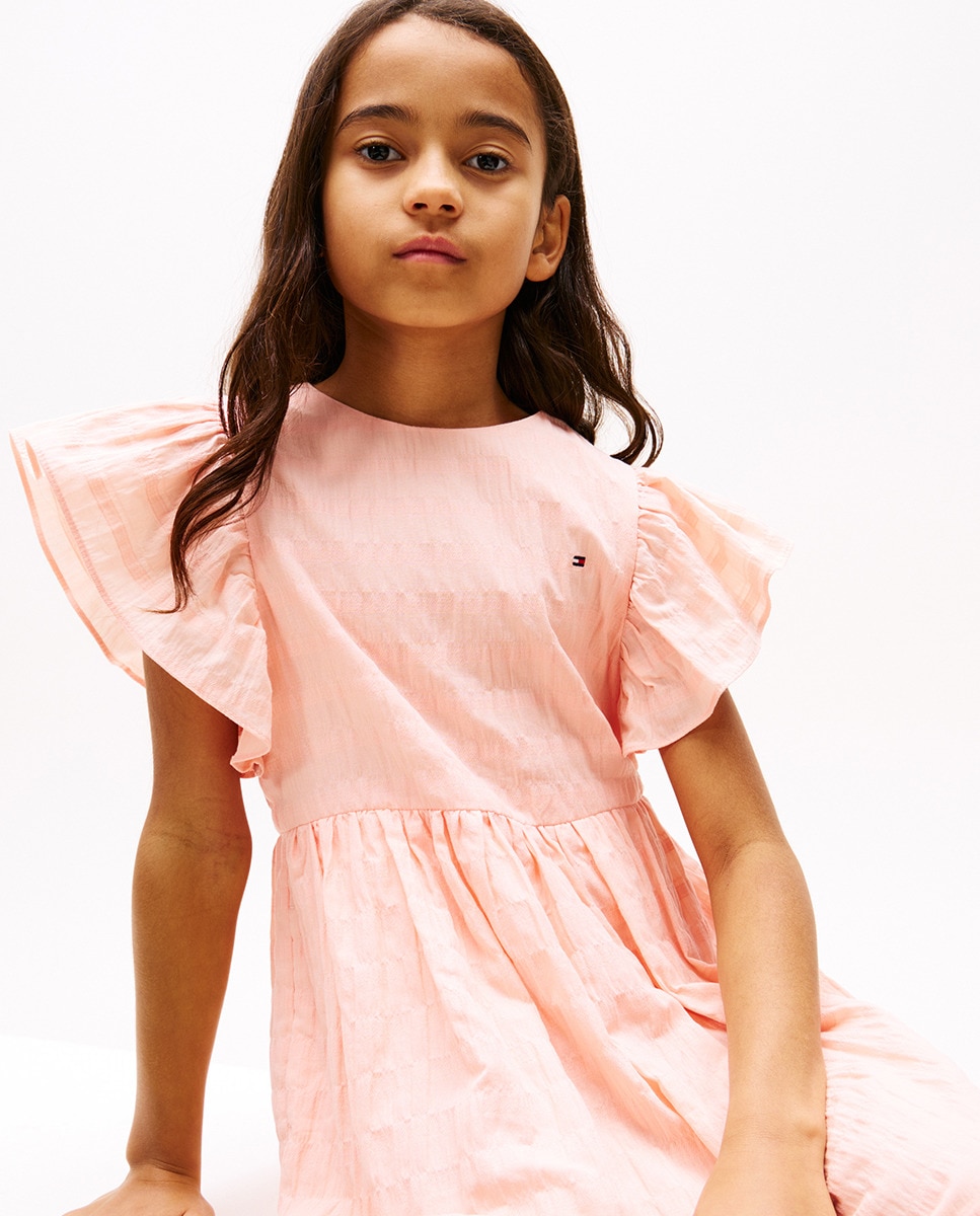 Vestido de Manga Curta com Efeito de Textura e Folhos Rosa-4