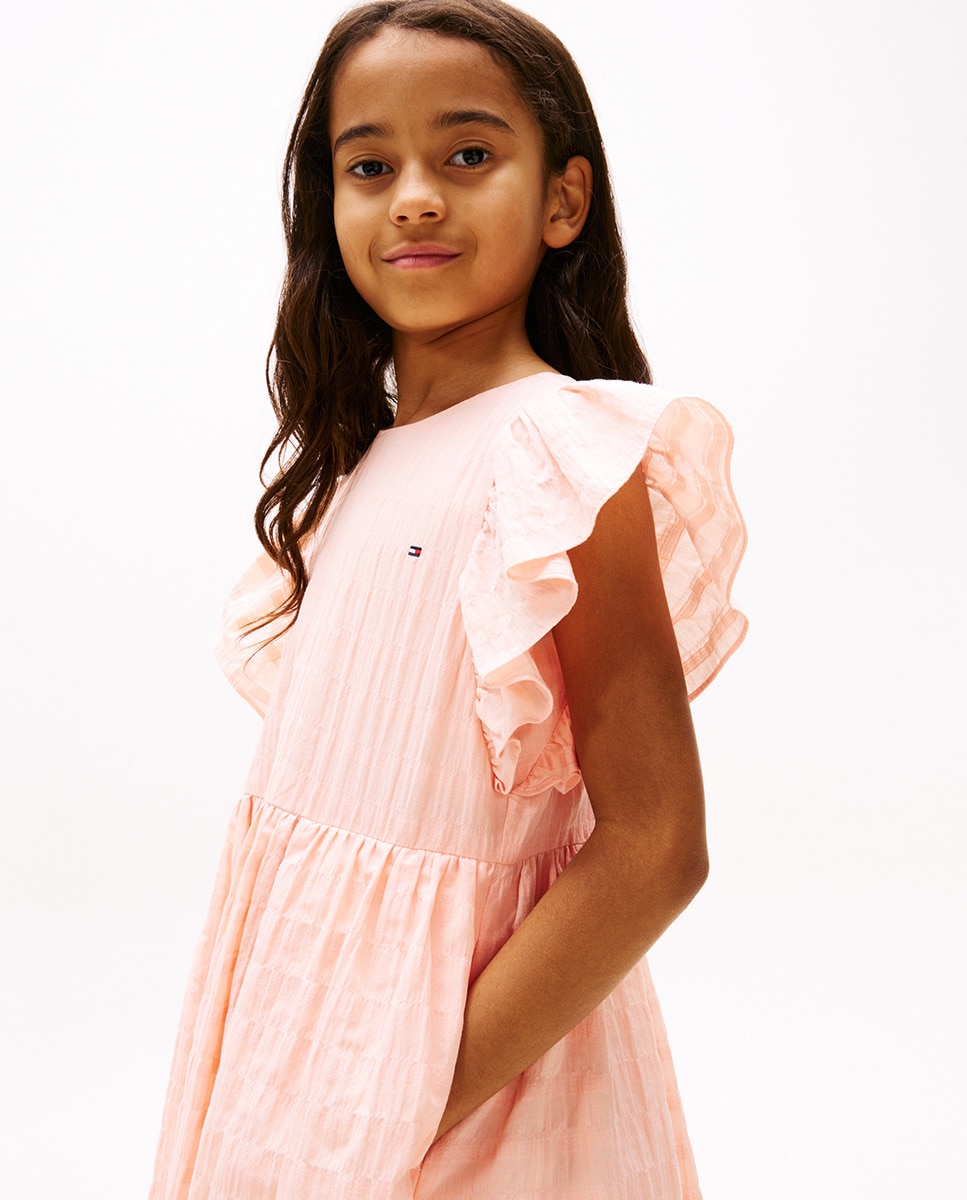 Vestido de Manga Curta com Efeito de Textura e Folhos Rosa-3