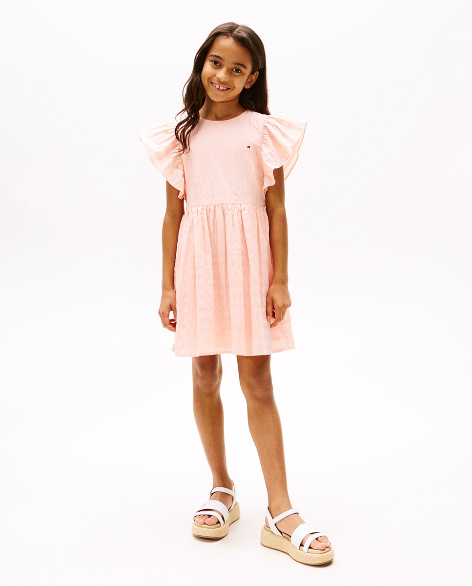 Vestido de Manga Curta com Efeito de Textura e Folhos Rosa-1