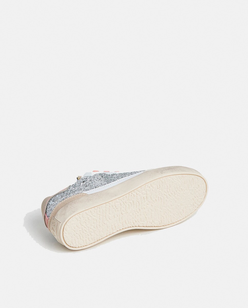 Sapatilhas Lane Chic com Glitter e Atacadores Rosa - Prateado Branco-6