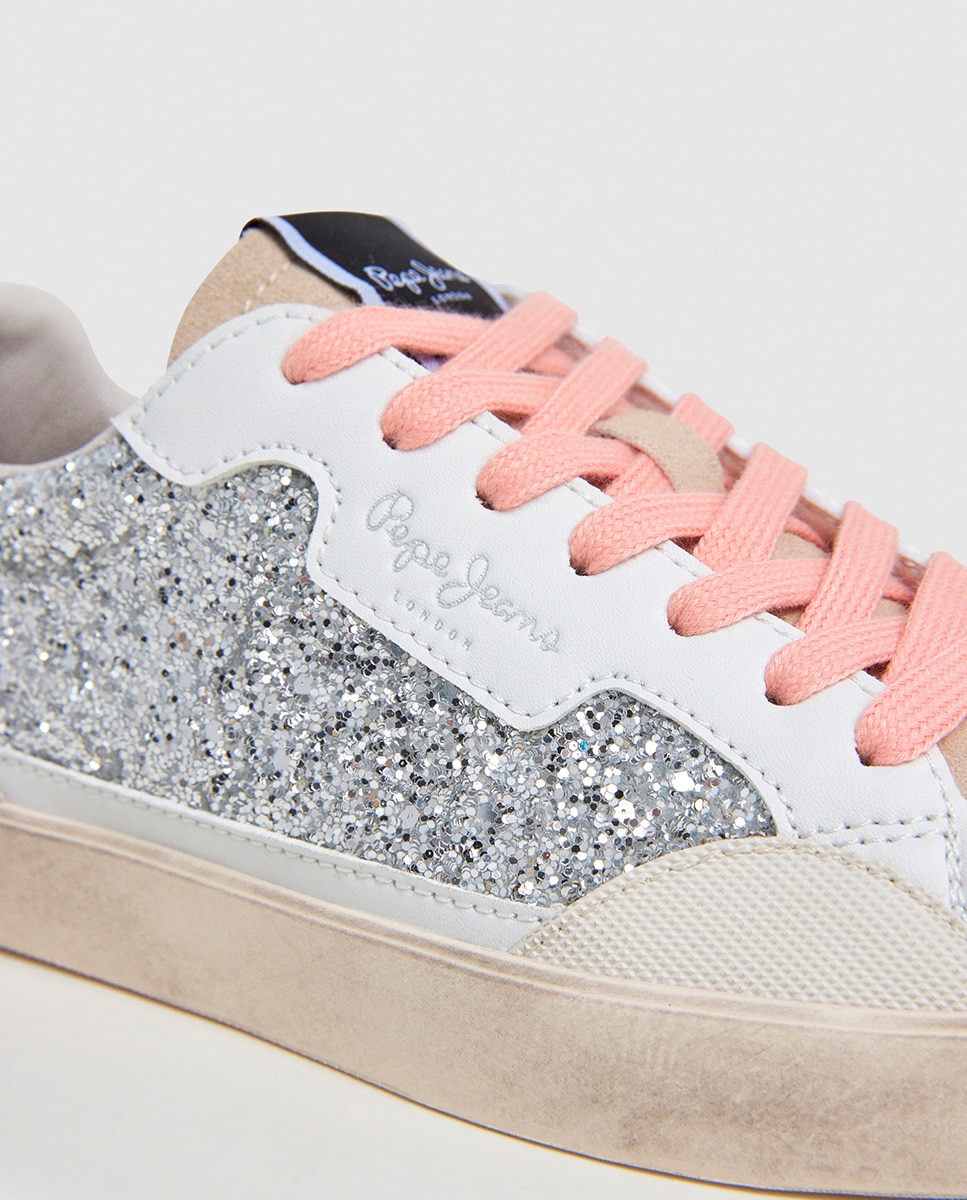 Sapatilhas Lane Chic com Glitter e Atacadores Rosa - Prateado Branco-5