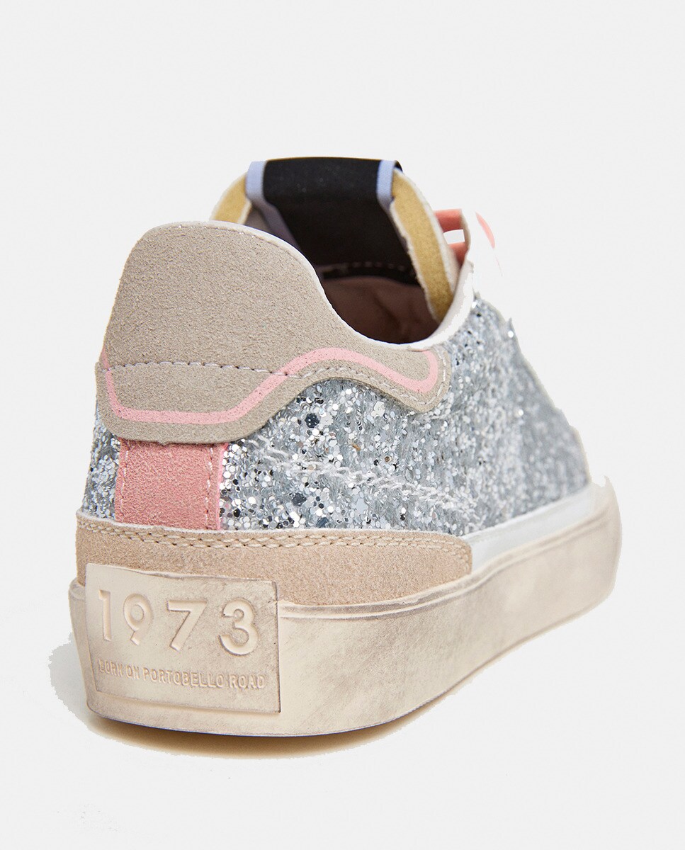 Sapatilhas Lane Chic com Glitter e Atacadores Rosa - Prateado Branco-4