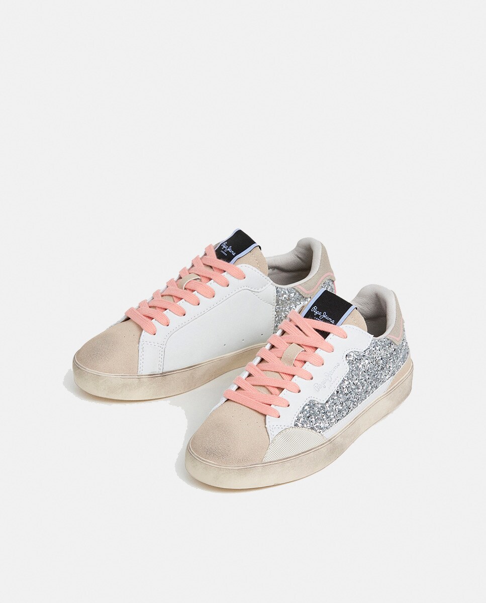 Sapatilhas Lane Chic com Glitter e Atacadores Rosa - Prateado Branco-3