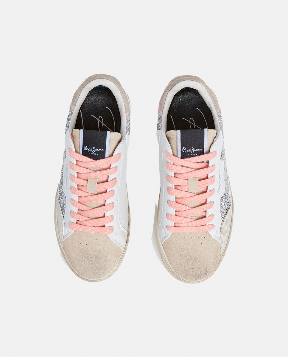 Sapatilhas Lane Chic com Glitter e Atacadores Rosa - Prateado Branco-2