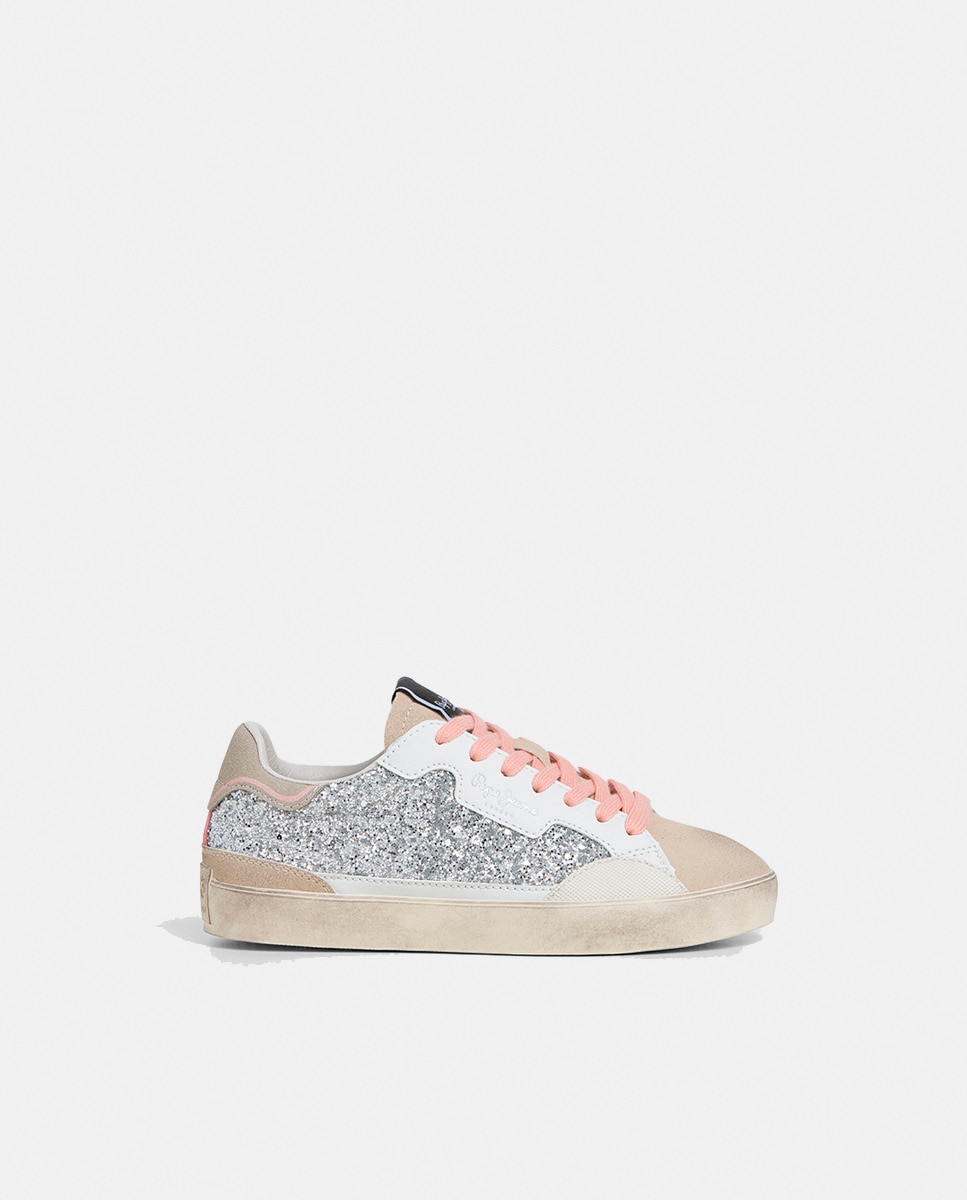 Sapatilhas Lane Chic com Glitter e Atacadores Rosa - Prateado Branco-1