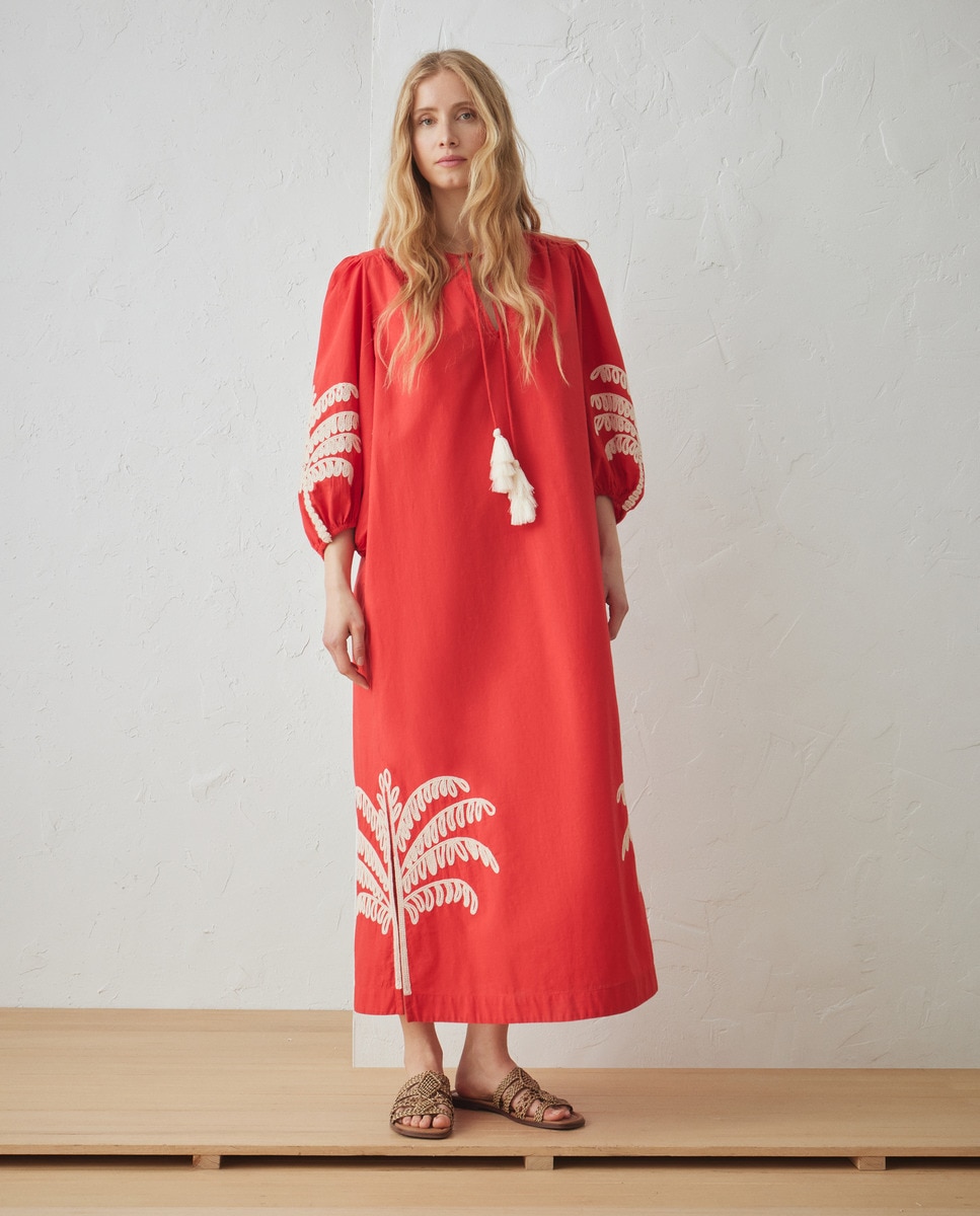 Vestido de Linho com Manga Curta 600 Vermelho-1