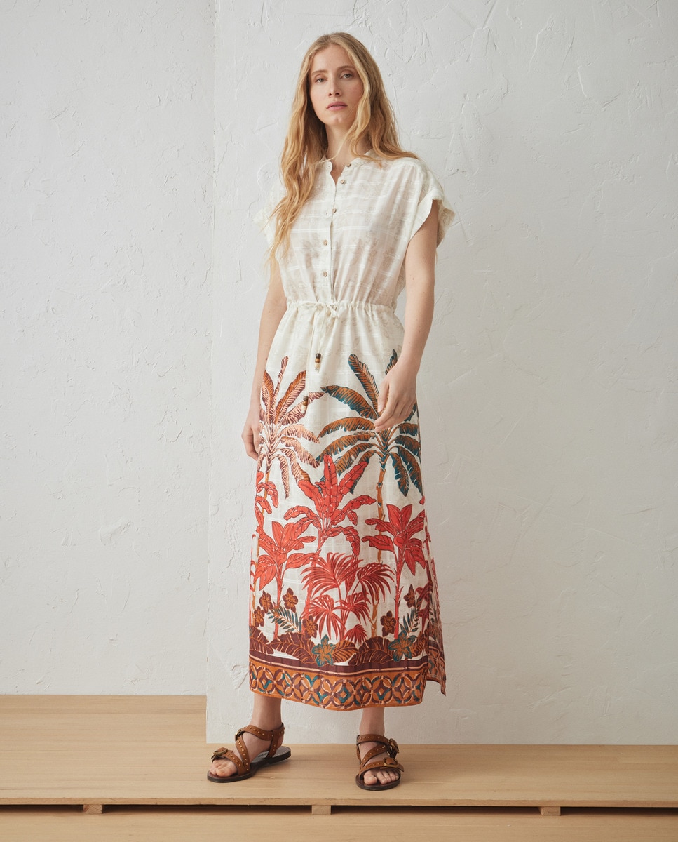Vestido Kaftan com Estampado Posicional de Palmeira Vermelho-1