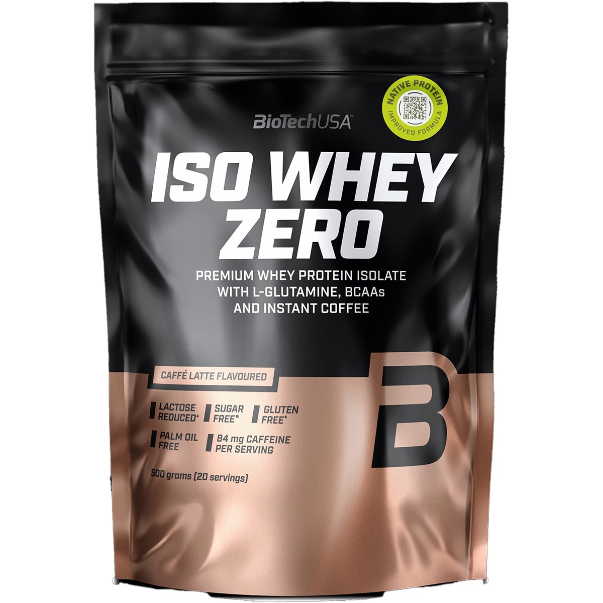 Iso Whey Zero 100% bebida de proteínas en polvo con sabor a café latte sin gluten bolsa 454 g sin azúcar y sin aceite de palma - Biotech Usa