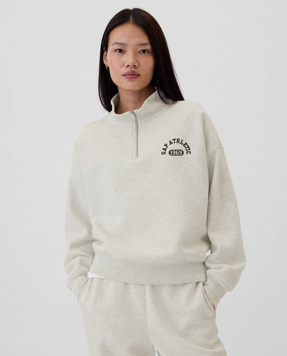 Sweatshirt Oversize com um Quarto de Fecho de Correr à Frente Cinzento-1