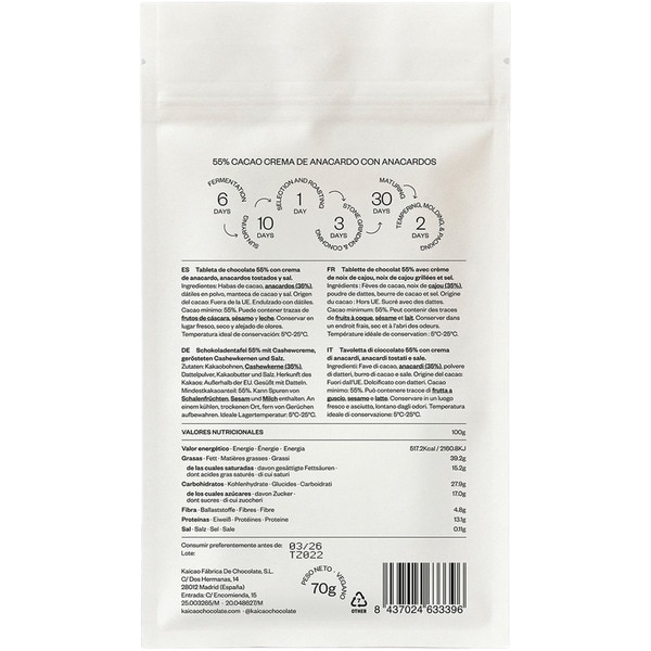 Milchschokolade 55% Kakao mit Cashewnuss-Creme und Cashewnüssen, mit Datteln gesüßt Tafel 70 g