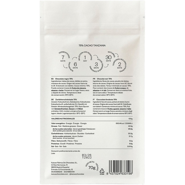 dark chocolate 75% cocoa from Tanzania sweetened with dates tablet 70 g