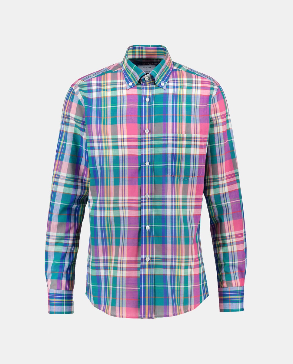 Camisa Casual de Manga Comprida e aos Quadrados Azul-4