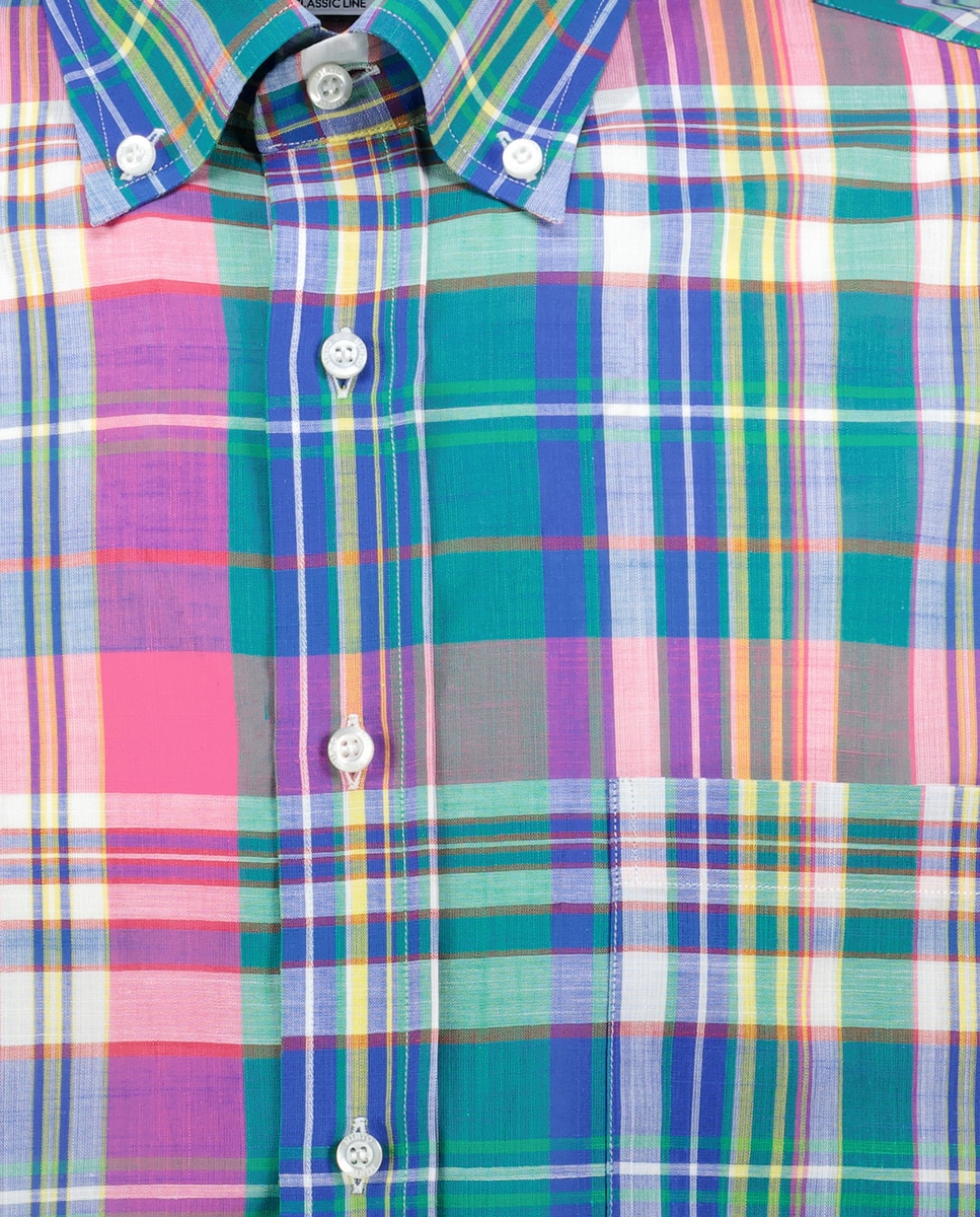 Camisa Casual de Manga Comprida e aos Quadrados Azul-5