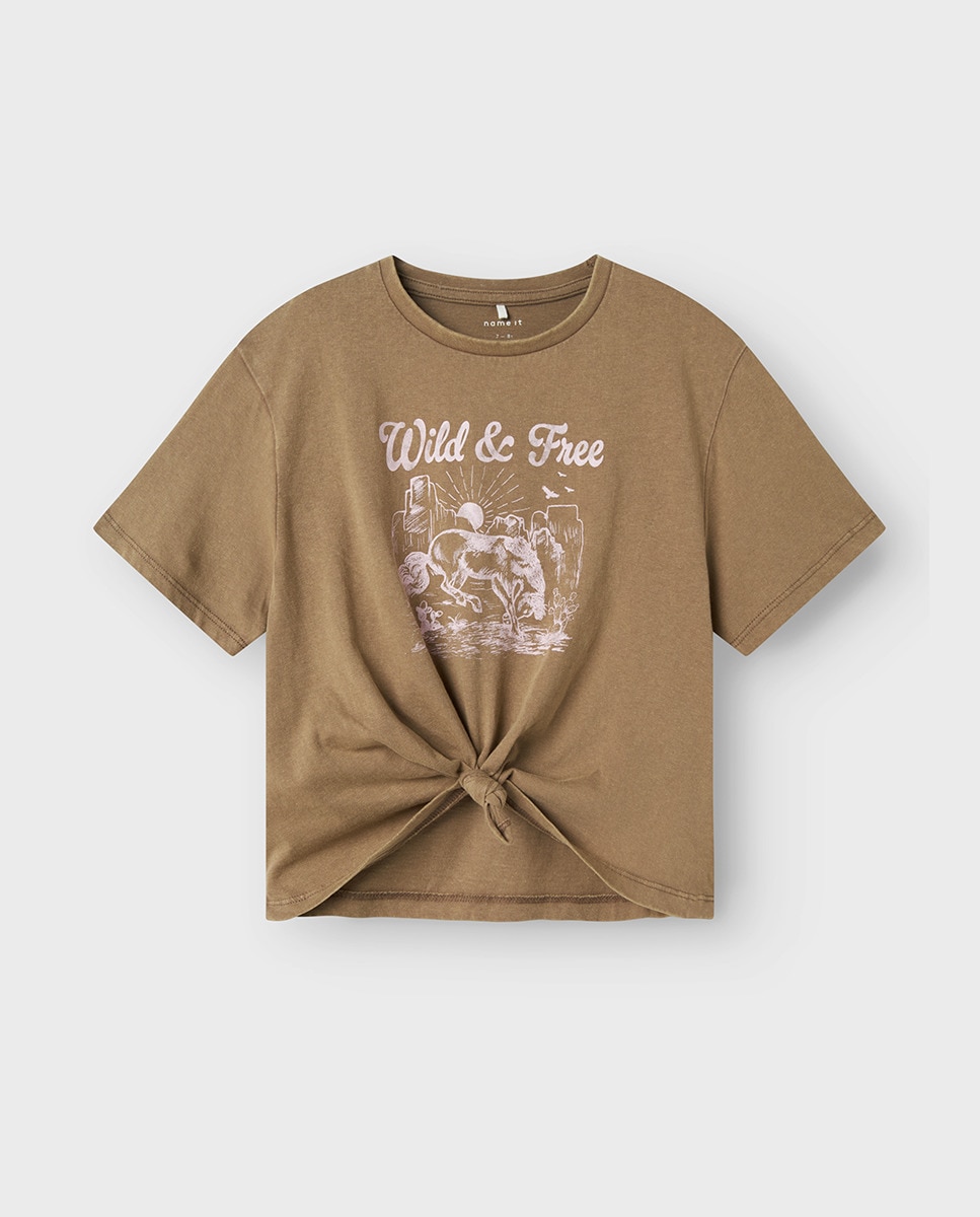 T-shirt de Manga Curta com Nó Castanho-1
