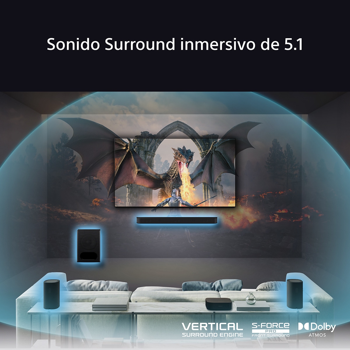 Sistema Cine en casa Sony BRAVIA Theatre SYSTEM 6, 1000W con barra de sonido 5.1, 2 altavoces traseros y un potente subwoofer, Dolby Atmos y DTS:X Negro-5