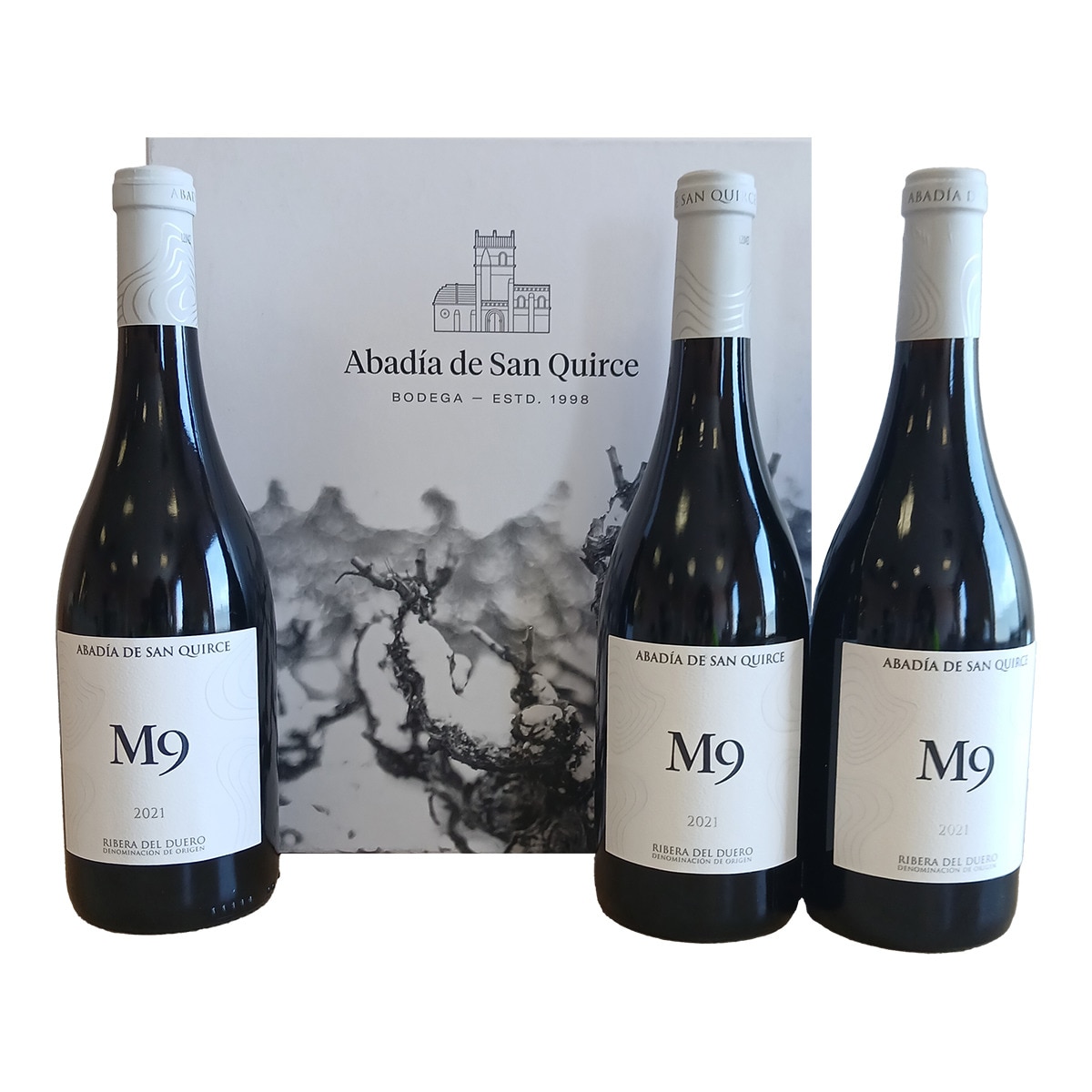 Imagen 0 de Estuche tres botellas vino tinto M9 Abadía San Quirce tempranillo 2021 Ribera del Duero
