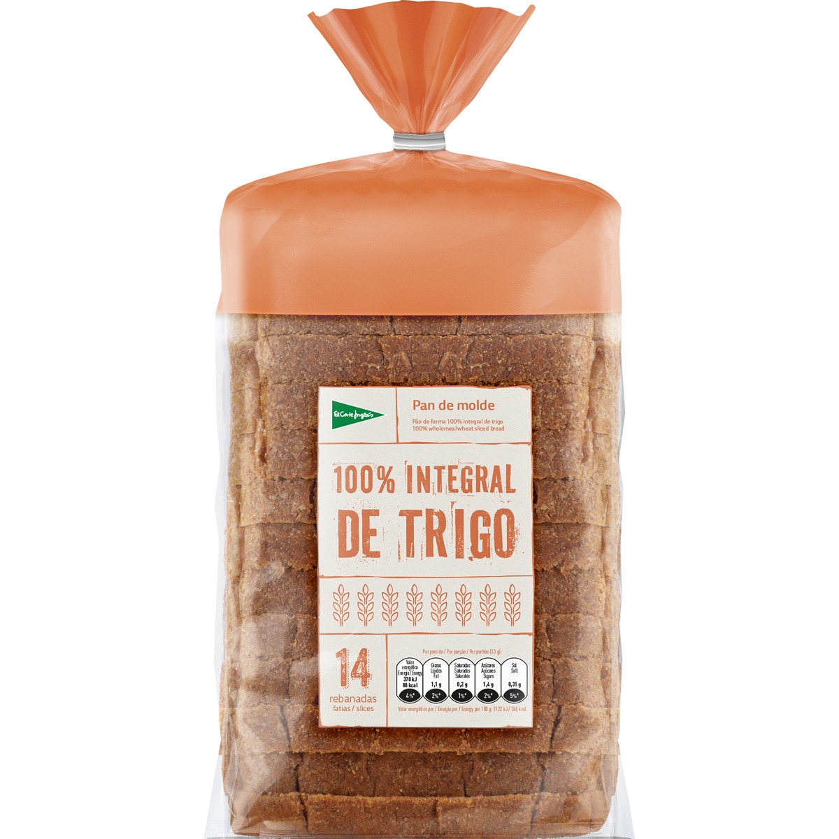 pan de molde 100% integral con corteza 18 rebanadas bolsa 460 g